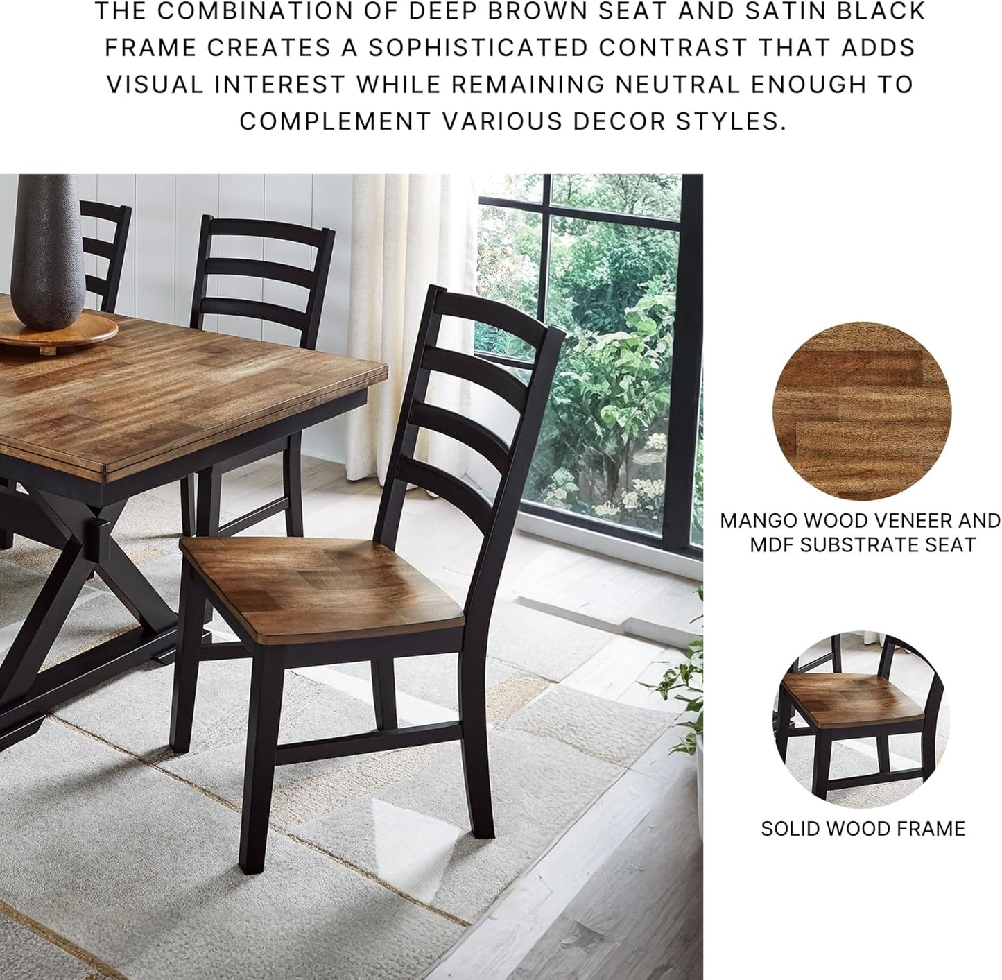 Signature Design by Ashley Wildenauer Dining Chairs Set of 2, Modern Ladderback Dining Chairs with Solid Wood Frame, Two-Tone Finish, Contoured Seat, Black/Brown
