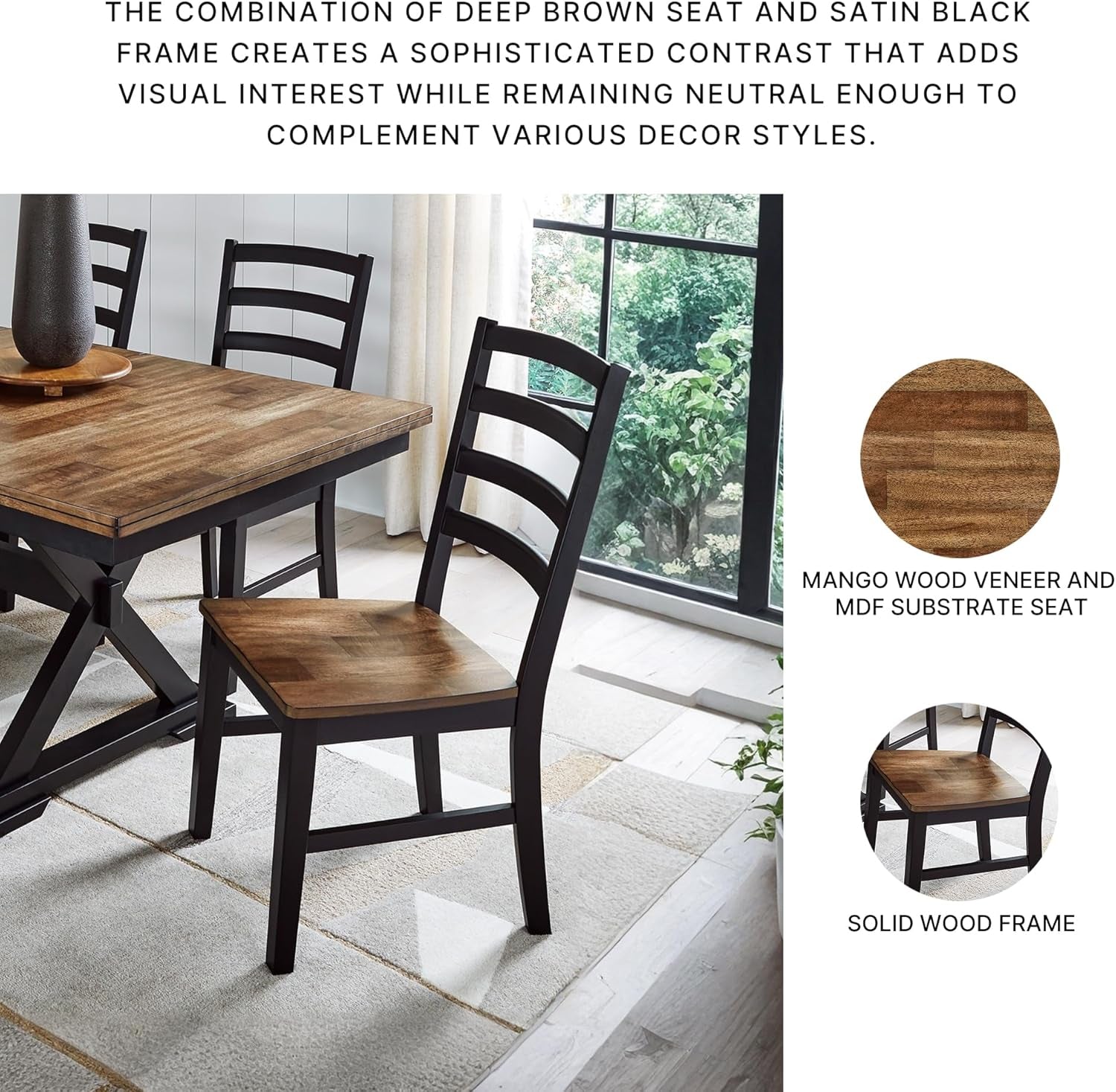 Signature Design by Ashley Wildenauer Dining Chairs Set of 2, Modern Ladderback Dining Chairs with Solid Wood Frame, Two-Tone Finish, Contoured Seat, Black/Brown