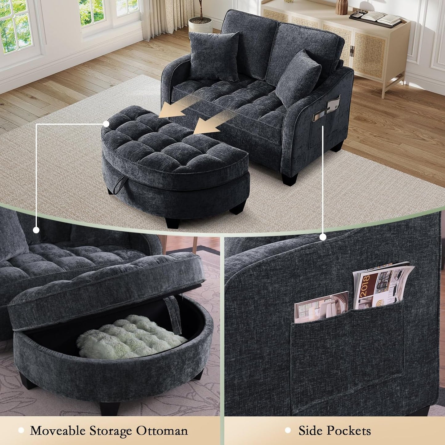 Chaise Lounge Chair Indoor, Chenille Oversized Sofa Chair with Storage Ottoman & Adjustable Backrest, Fluffy Loveseat Sofa, Comfy Convertible Sleeper Couch Bed for Living Room, Bedroom(Beige)