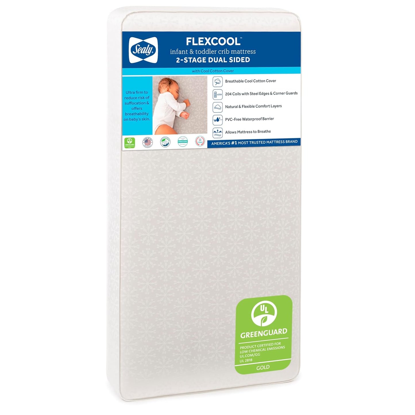 Flex Cool 2 Stage Breathable Crib Mattress with Toddler Bed Fit, Waterproof & Airy Cotton Cover, 204 Premium Coils, GREENGUARD Gold Certified, Safety & Quality Tested, Made in USA, 52X28"