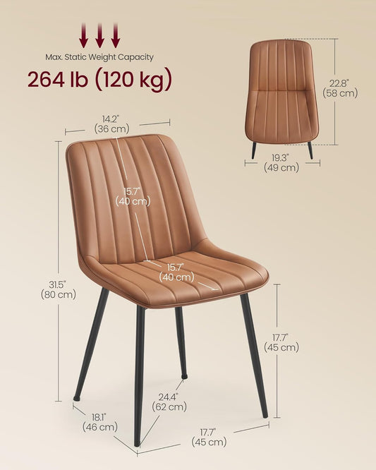 Dining Chairs Set of 4, Upholstered Kitchen Chairs, Synthetic Leather, Max. Load 264 Lb, Steel Legs, Curved Backrest, for Dining Room, Caramel Brown and Ink Black ULDC090KN03-2J