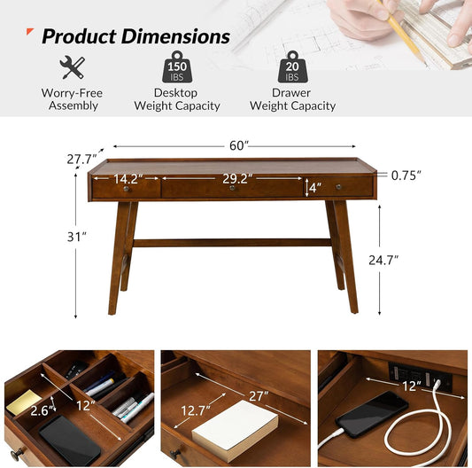 Home Office Desk with 3 Drawers & Solid Wood Legs, Writing Table with Charging Station & Cable Management, Mid Century Modern Desk for Bedroom/Living Room/Study/Workstation, Walnut