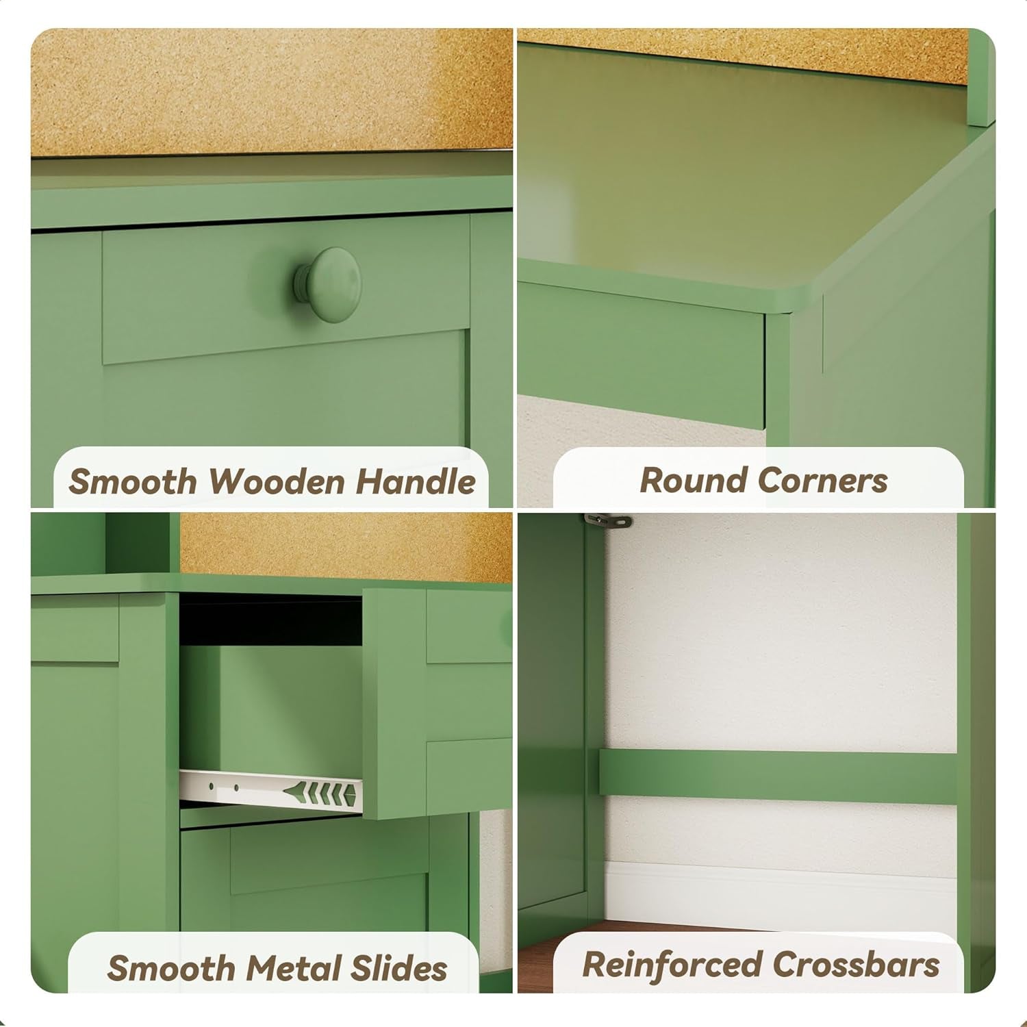 Kids Study Desk with Chair, Children Wooden Study Table with Hutch & Storage Cabinet, Kids Desk Chair Set for 5-12 Years Old, Student Writing Table Computer Workstation for Boys, Green