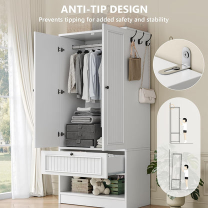 70" Armoire Wardrobe Closet with Doors & Mirror,Wooden Wardrobe with Drawers and 3 Side Hooks,Large Freestanding Bedroom Storage Wardrobe Cabinet,White