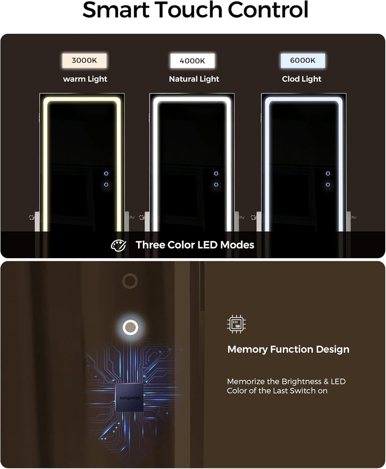 LED Mirror Jewelry Cabinet, Adjustable Brightness and 3 Shades of Light, Standing Jewelry Armoire with Full-Length Mirror, Jewelry Organizer with Built-In Mirror and Lights, White UJJC016W01