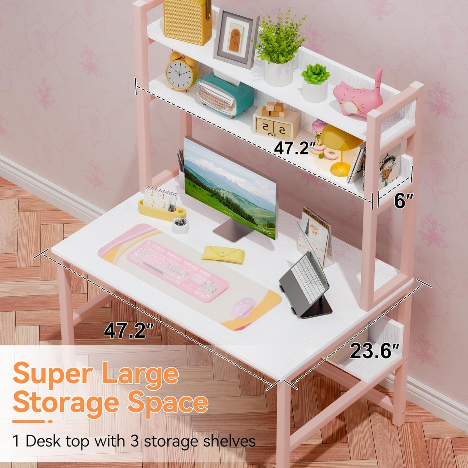 Pink Girls Desk Hutch, 47In Woman Computer Desk with Bookshelf & Storage Shelves, Space Saving Girls Writing Study Craft Table for Bedroom Kids Room, White Wood & Pink Iron Home Office Desks