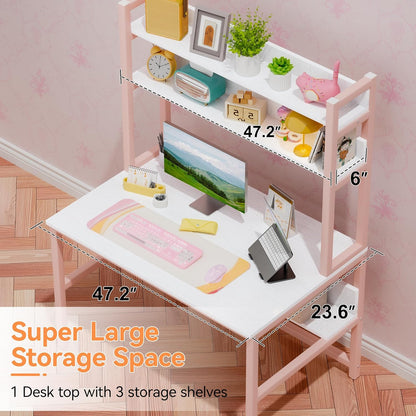Pink Girls Desk Hutch, 47In Woman Computer Desk with Bookshelf & Storage Shelves, Space Saving Girls Writing Study Craft Table for Bedroom Kids Room, White Wood & Pink Iron Home Office Desks