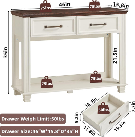 Farmhouse 46" Console Table with 2 Drawers, Rustic Wood 2 Tier Entryway Table with Open Storage Shelf for Entry, Large Mid-Century Vintage Sofa Tables behind Couch for Living Room, White
