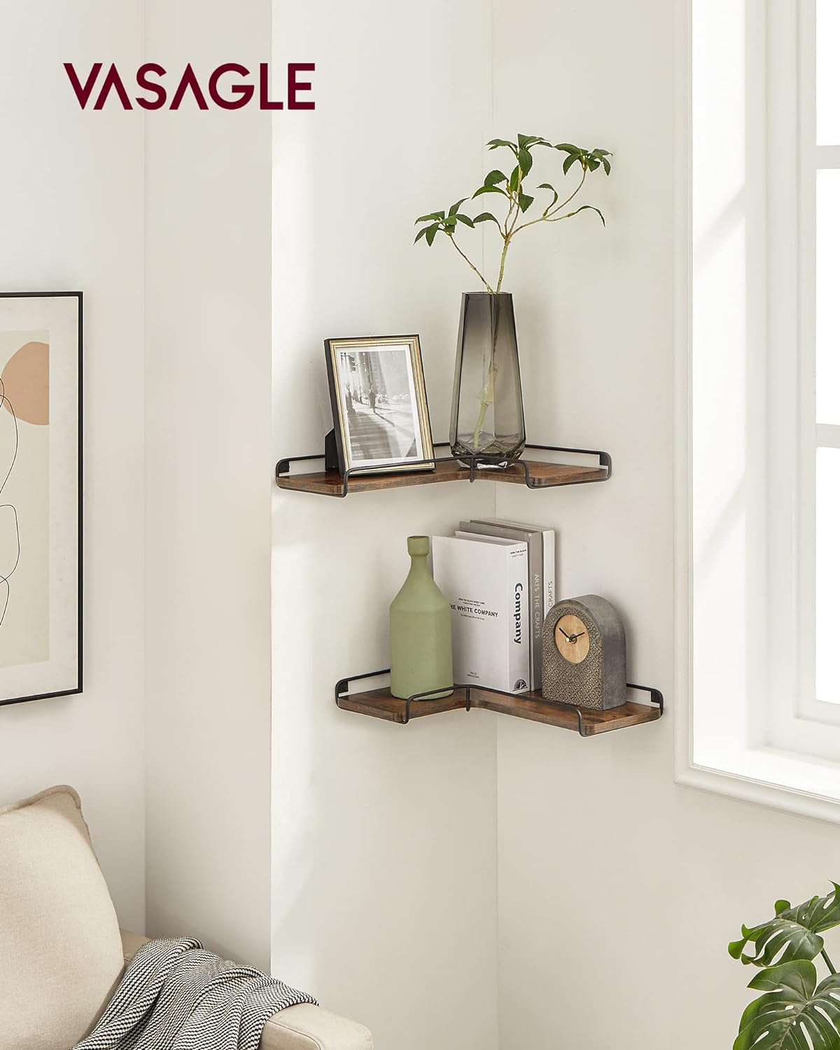 Corner Shelf Wall Mount Set of 2, Floating Shelves, Small Wall Shelf for Decor Storage, for Living Room Bedroom Kitchen Bathroom, Rustic Brown and Black ULLS831B01