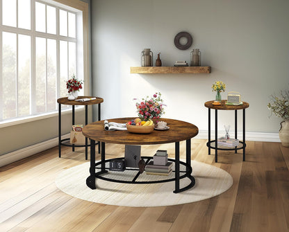 round Coffee Table and End Table Set of 3 with Storage, Modern Vintage Dark Brown Coffee Table and Side Table for Living Room, Office, Apartment, Small Space