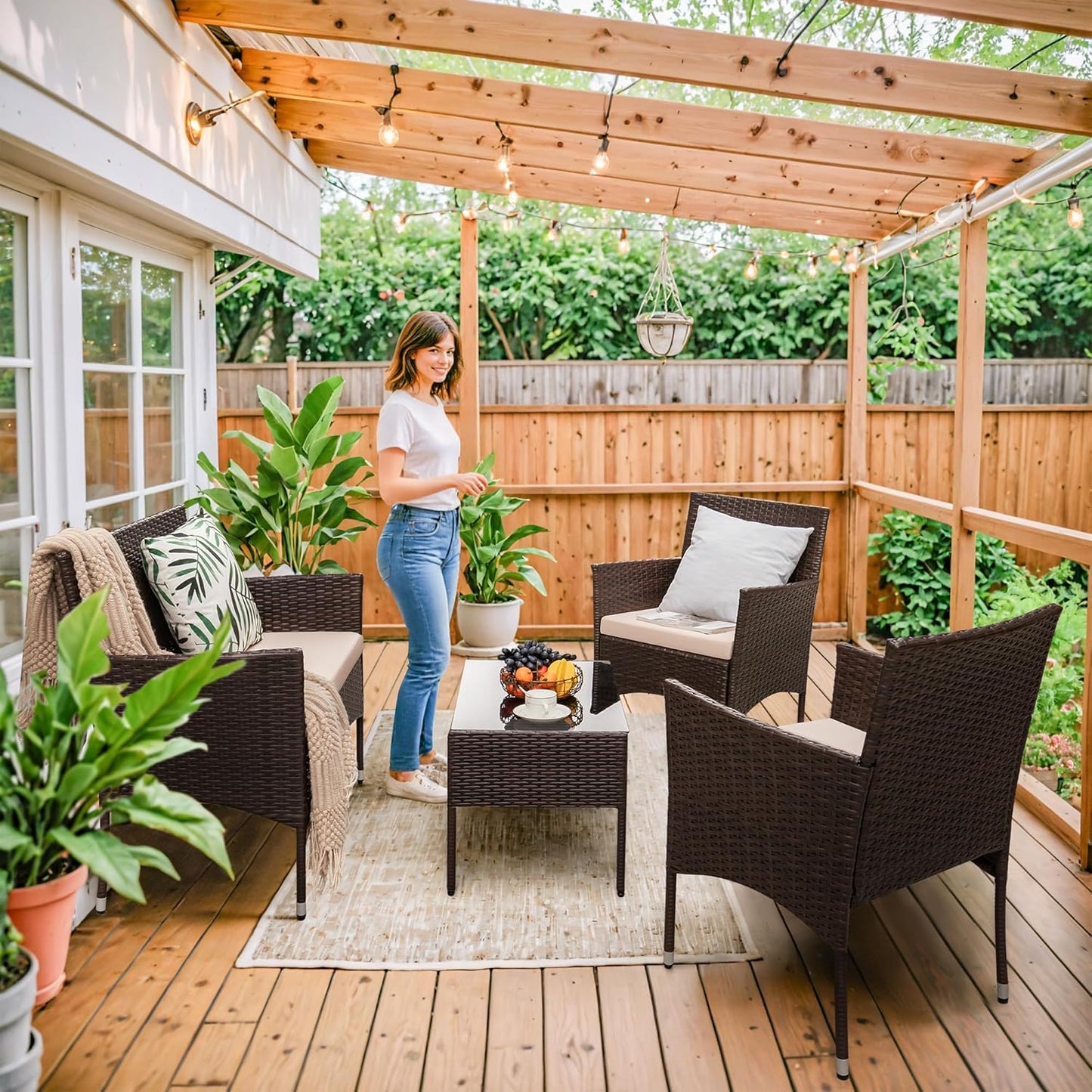 4 Pieces Outdoor Patio Furniture Sets Rattan Chair Wicker Set,Outdoor Indoor Use Backyard Porch Garden Poolside Balcony Furniture (Brown and Beige)