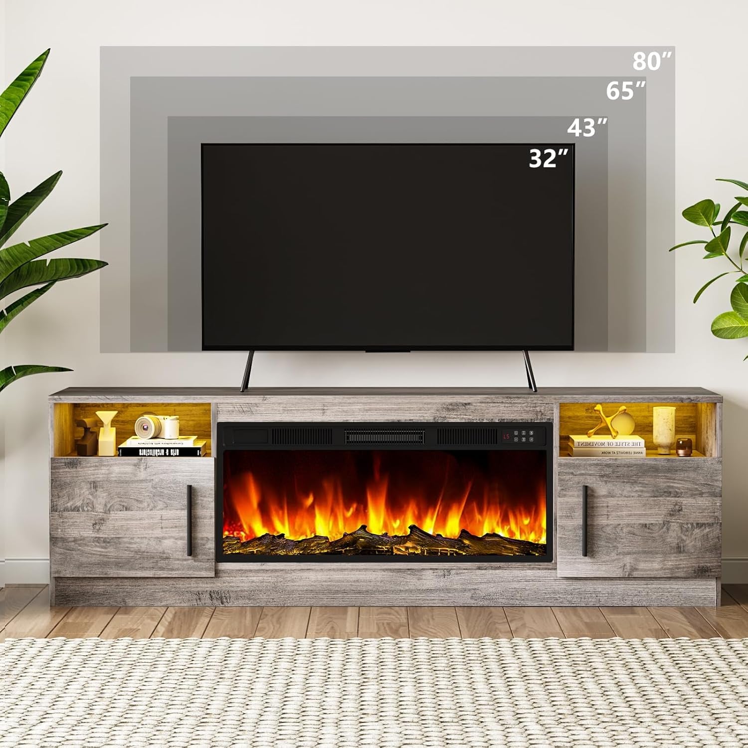 Fireplace TV Stand Entertainment Center with 36" Fireplace, 70" Wooden TV Stand for Tvs up to 80", Modern TV Consoles for Living Room with High Gloss Storage Cabinet and LED Lights (Grey)