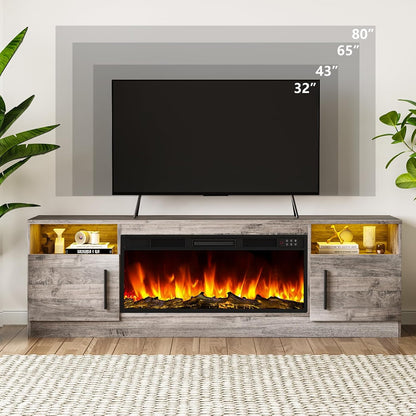 Fireplace TV Stand Entertainment Center with 36" Fireplace, 70" Wooden TV Stand for Tvs up to 80", Modern TV Consoles for Living Room with High Gloss Storage Cabinet and LED Lights (Grey)