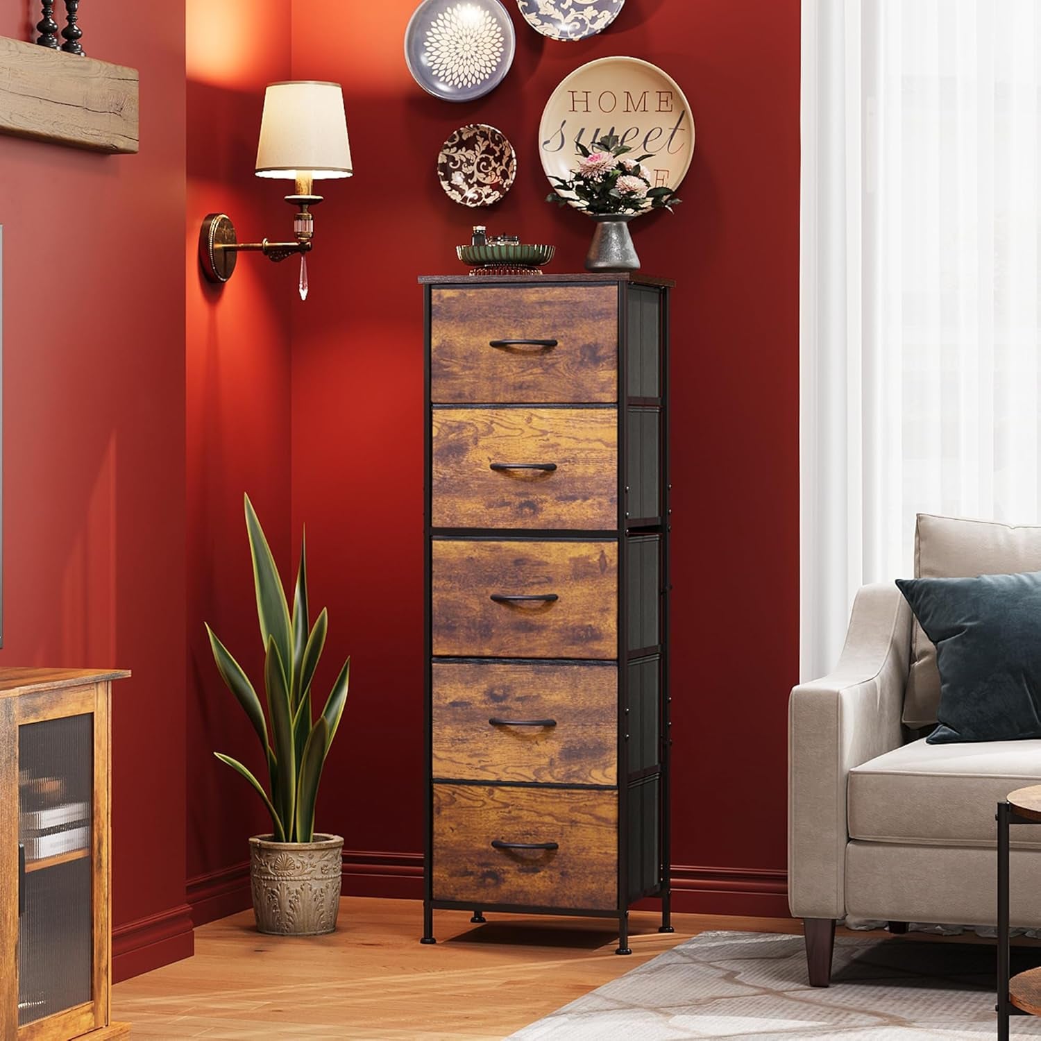 Fabric Dresser for Bedroom, 5-Drawer Tall Dressers, Storage Organizer with Fabric Bins, Wood Top, Sturdy Steel Frame, Chest of Drawers for Closet, Hallway, Rustic Brown Wood Grain Print