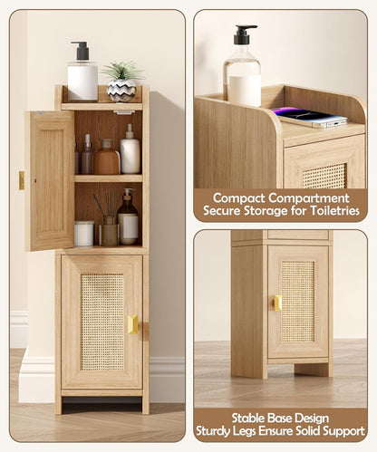 Rattan Small Bathroom Cabinet with 2 Doors, 7.9''D X 7.9''W Narrow Toilet Paper Storage Cabinet, Bathroom Organizer for Small Spaces, Wooden Slim Corner Unit with Adjustable Shelf, Natural Oak