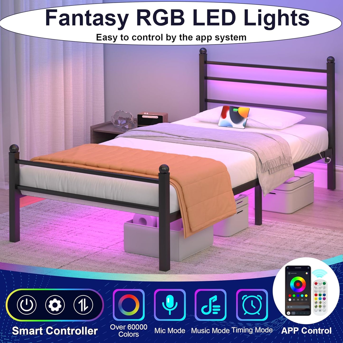 Metal Platform Twin Bed Frame with LED Lights, Charging Station, Headboard, Heavy Duty Slats, No Box Spring Required, Black