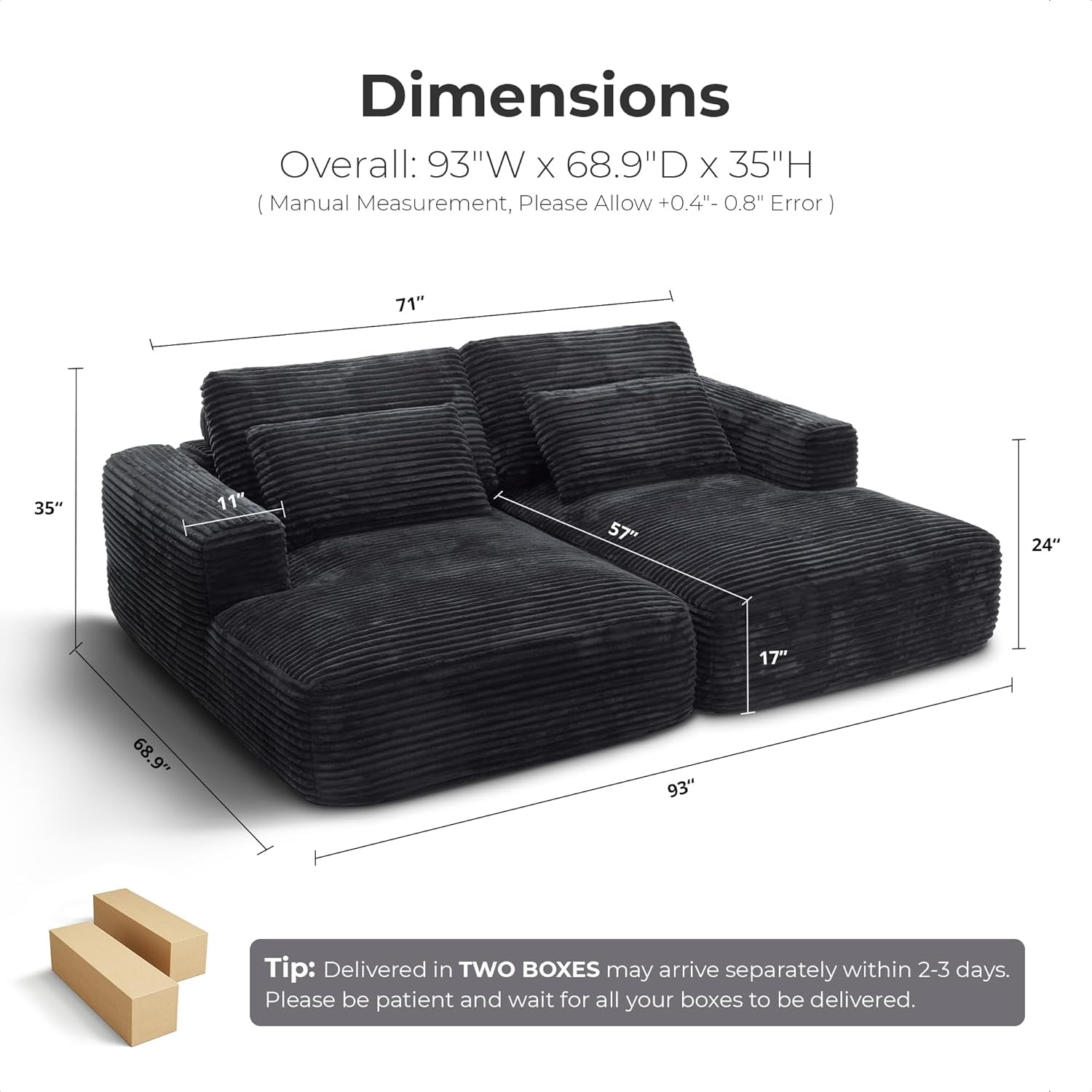 93" Double Chaise Lounge Sofa Bed - Plush Corduroy, No Assembly, Deep Seat Cloud Couch for Living Room, Home Theater (Black)