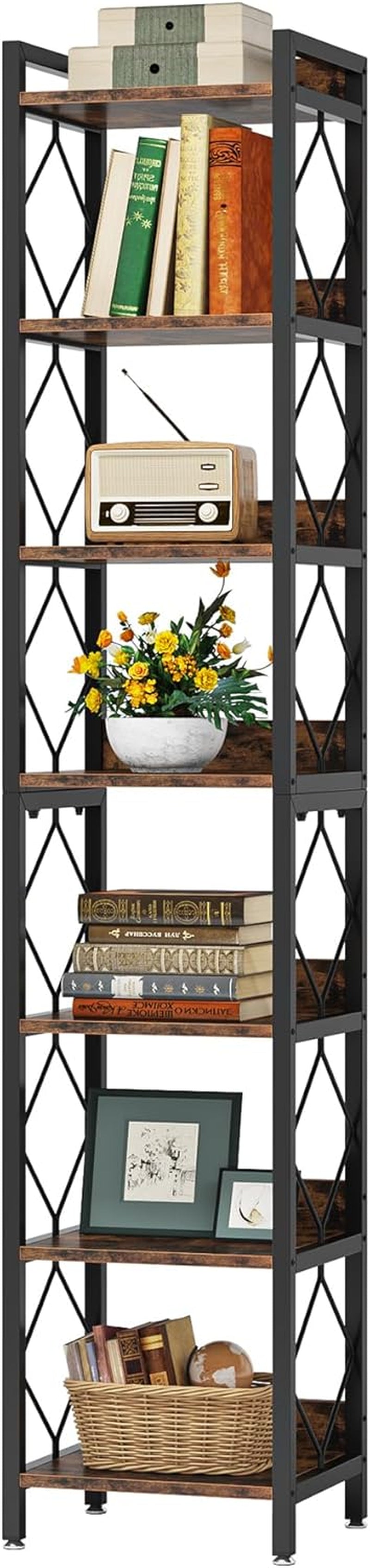 78.7 Inch Extra Tall Narrow Bookshelf, 7 Tier Skinny Bookcase for Small Spaces, Freestanding Display Shelves, Multifunctional Corner Storage Organizer for Home Office, Rustic Brown
