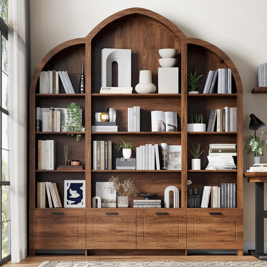Arched Triple Wide Bookshelf - 84'' H Large Bookcase with 15 Cubby Storage, Curved Top, Flip-Down Cabinets, 5 Tier Wood Book Shelves for Office, Brown Antique Bookshelf for Living Room (Brown)