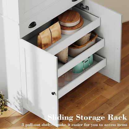 Kitchen Pantry Cabinet 72" Height, Freestanding Cupboard with Drawer, Sliding Storage Rack, and 6 Hanging Shelves for Dining Room, Laundry, White