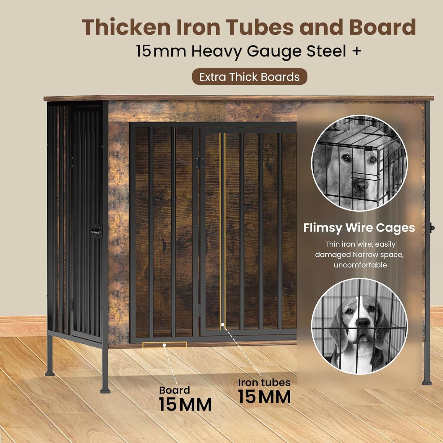 Dog Crate Furniture 78" for 2 Dogs Sturdy Heavy Duty Dog Kennel Solid Metal Tube Thick Wooden with 3 Lockable Doors XXL Double Dog Cage Large Breed as End Table for Large Dogs Rustic Brown