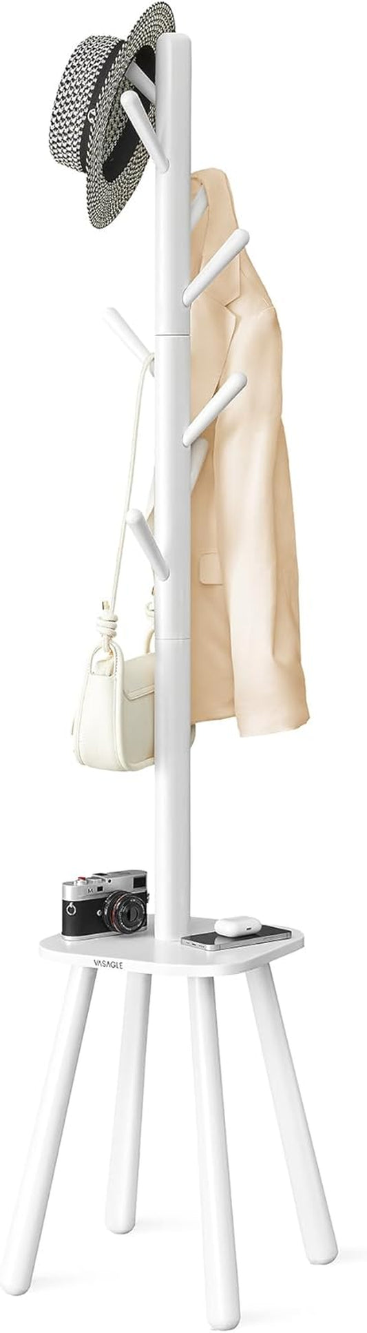 Coat Rack, Free Standing Coat Stand, Hall Coat Tree with 8 Hooks and Storage Shelf, 67.1 Inch Tall, for Coats, Hats, Bags, for Entryway, Hallway, Bedroom, Cloud White URCR033W01