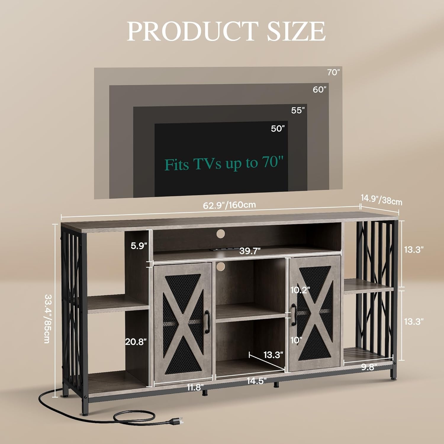 TV Stand for 70/65 Inch TV, 33.5'' Tall TV Stands for Living Room, Entertainment Center with Storage, LED TV Stand with Power Outlets, TV Media Console Cabinet, Grey