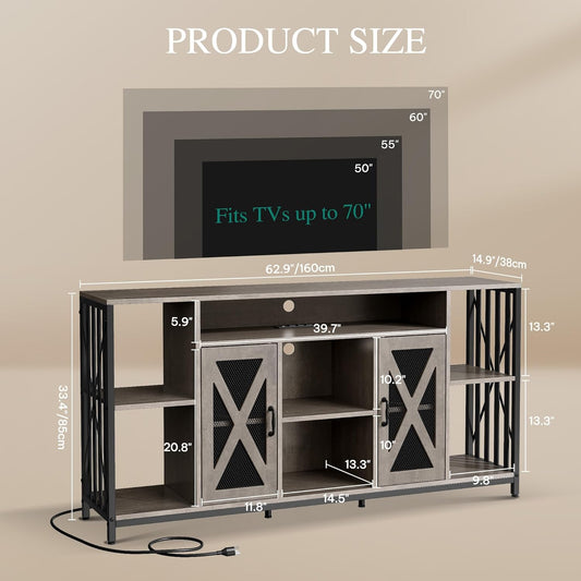 TV Stand for 70/65 Inch TV, 33.5'' Tall TV Stands for Living Room, Entertainment Center with Storage, LED TV Stand with Power Outlets, TV Media Console Cabinet, Grey