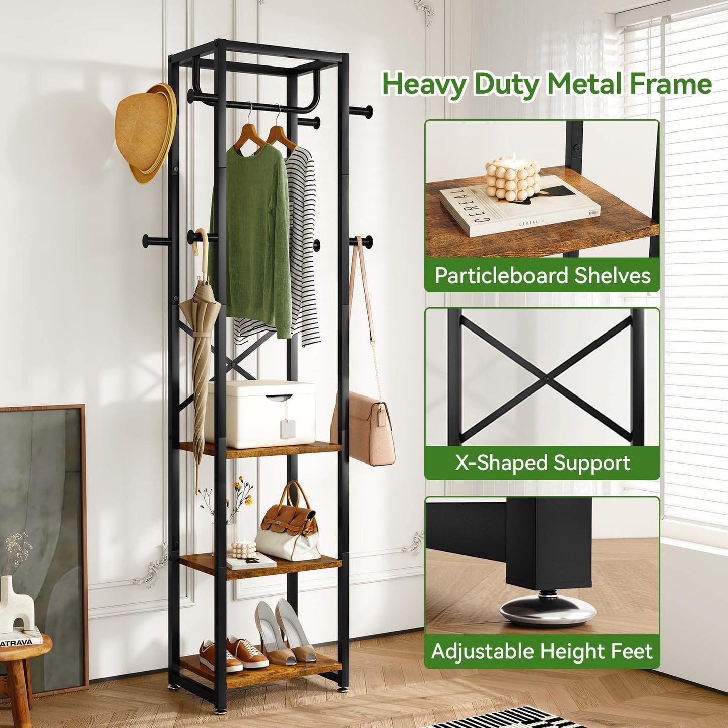 Coat Rack with Shelves, Freestanding Hall Tree with 3 Shelves and 8 Hooks, Industrial Clothes Stand for Entryway, Hallway, Bedroom, Rustic Brown UTMJ088H