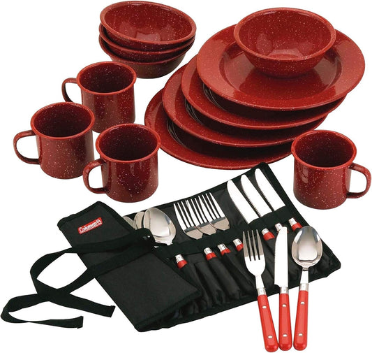 24-Piece Enamel Dinnerware Set for Outdoor Dining, Dishwasher Safe, Full Dinnerware & Flatware Set for 4 People