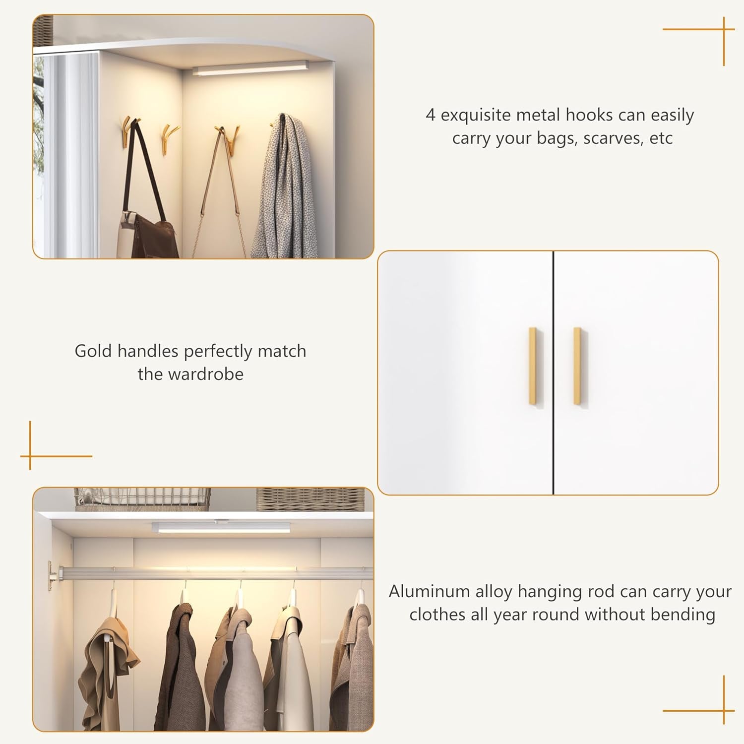 Armoire Wardrobe Closet with Mirror & Sensor Light, Bedroom Armoire with 5 Doors & 2 Drawers, Modern Wooden Large Wardrobe Closet with Shelves, 4 Hooks, 2 Hanging Roods, Open Space, White