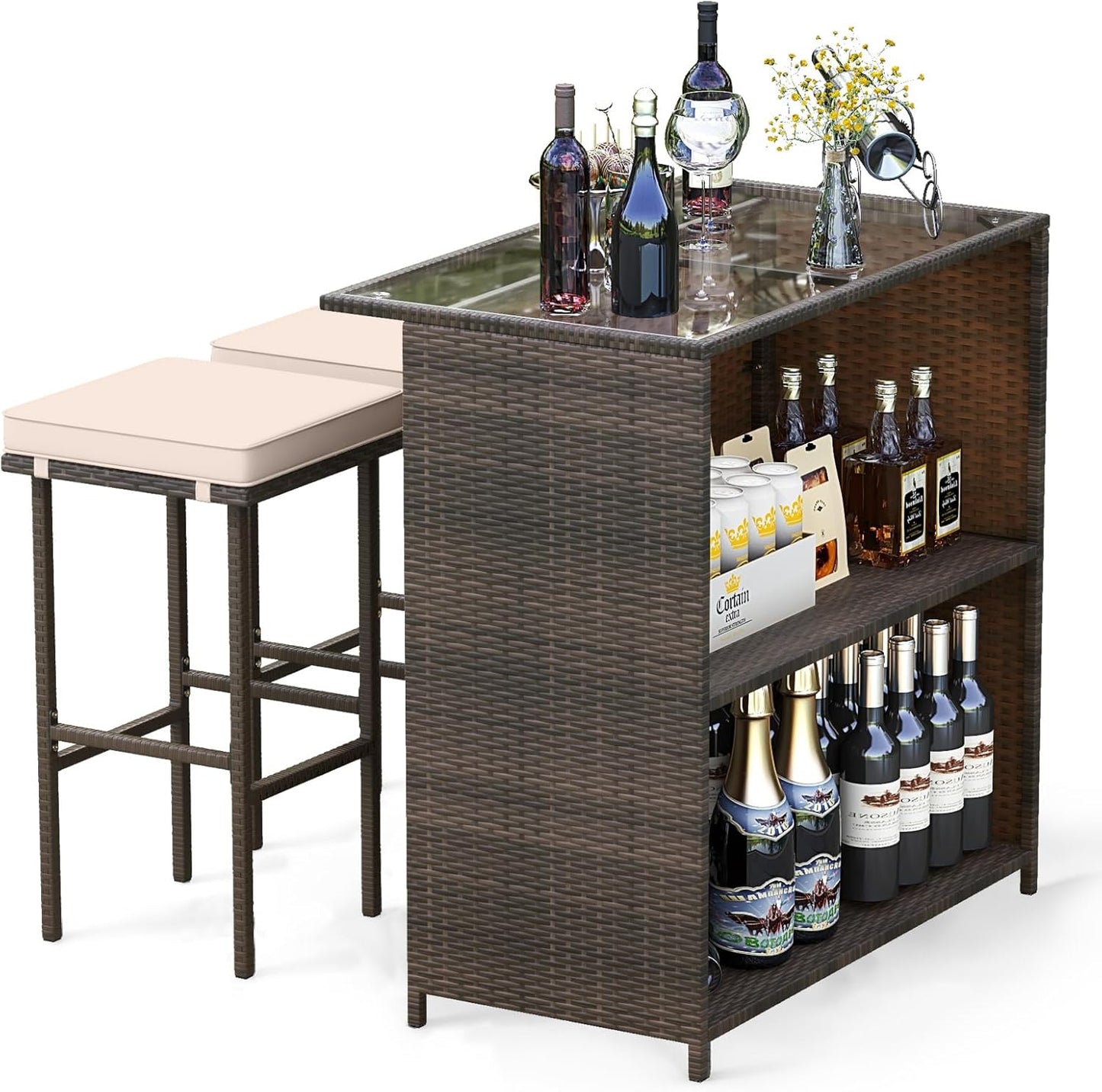 3 Piece Patio Bar Set, Outdoor Rattan Bar Table and 2 Stools with Tempered Glass Tabletop, 2-Tier Storage, Removable Cushions, outside Wicker Conversation Set