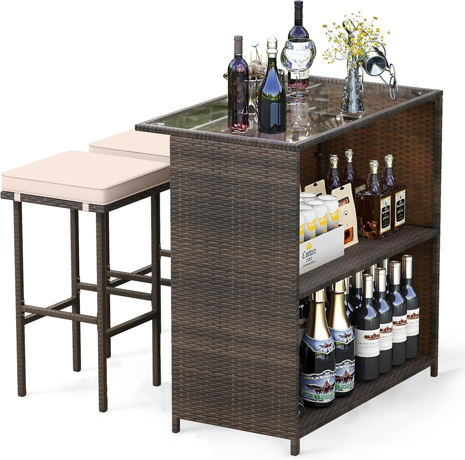 3 Piece Patio Bar Set, Outdoor Rattan Bar Table and 2 Stools with Tempered Glass Tabletop, 2-Tier Storage, Removable Cushions, outside Wicker Conversation Set