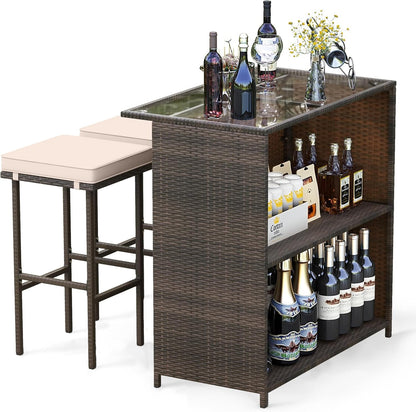 3 Piece Patio Bar Set, Outdoor Rattan Bar Table and 2 Stools with Tempered Glass Tabletop, 2-Tier Storage, Removable Cushions, outside Wicker Conversation Set