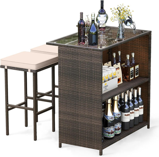 3 Piece Patio Bar Set, Outdoor Rattan Bar Table and 2 Stools with Tempered Glass Tabletop, 2-Tier Storage, Removable Cushions, outside Wicker Conversation Set