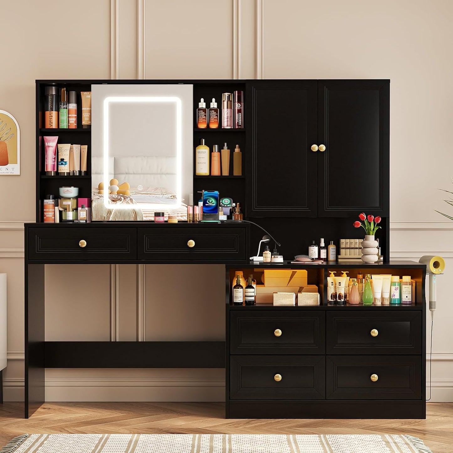 58.6" Large Vanity Desk with Sliding Mirror & Lights, Black Makeup Vanity Table & Nightstand Combo with Power Outlet and 6 Drawers 15 Shelves with Light Strips for Bedroom Dressing Room