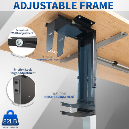 Adjustable under Desk and Wall 3.5 to 7.8 Inch Wide Office PC Mount, Computer Case CPU Machine Holder Stand with Swivel and Secure Locking, Holds 22 Lbs, Black, MOUNT-PC01