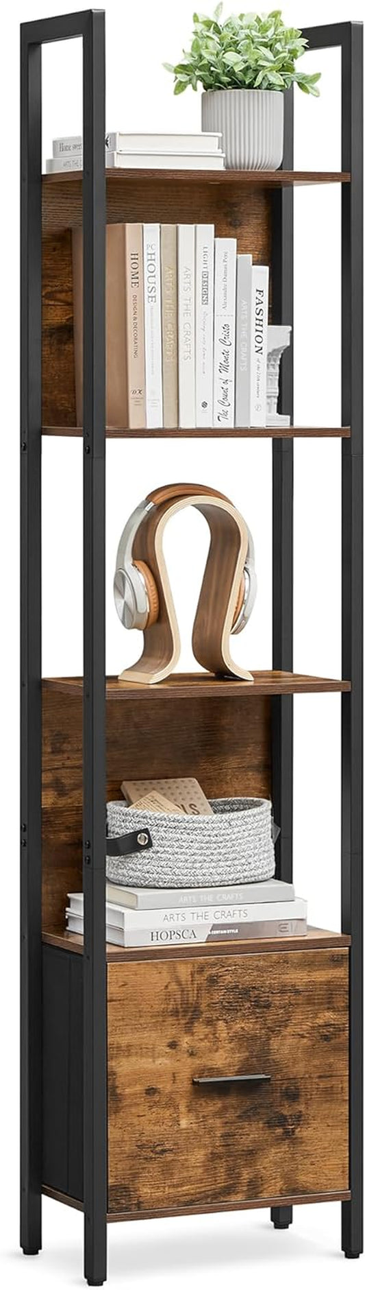 5-Tier Bookshelf, Book Shelf with Drawer, Industrial Bookcase, with Steel Frame, for Living Room, Home Office, Bedroom, 9.4 X 15.7 X 65 Inches, Rustic Brown and Black ULLS146B01
