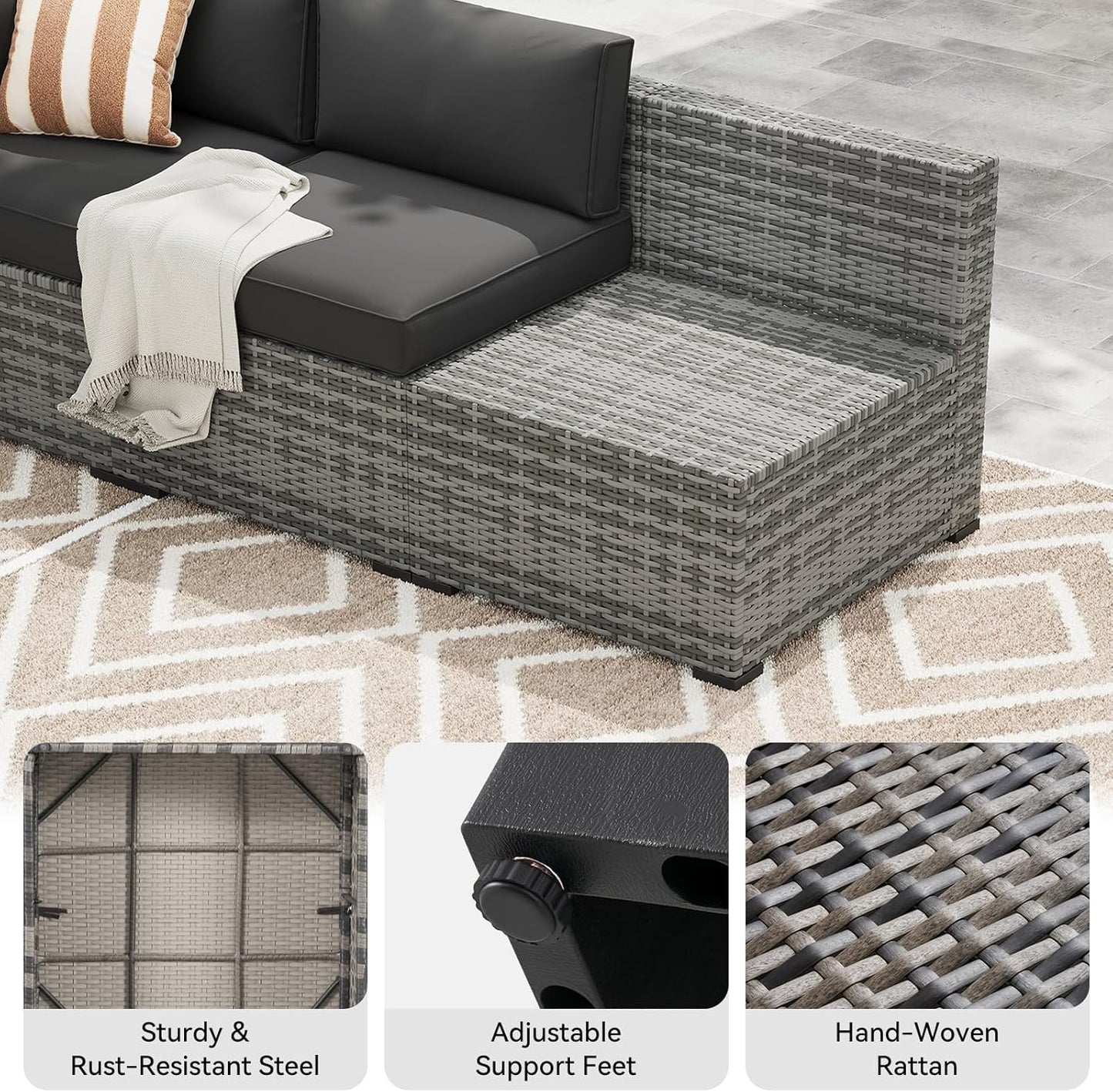 7-Piece Patio Furniture Set, Wicker Rattan Outdoor Furniture with Thick Cushions, Patio Conversation Sets with Coffee Table, Outdoor Sectional Couch Sofa with Waterproof Cover, Black