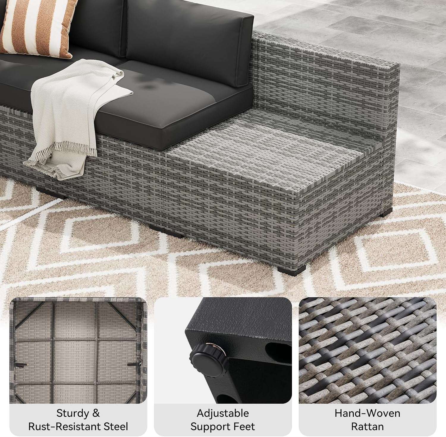 7-Piece Patio Furniture Set, Wicker Rattan Outdoor Furniture with Thick Cushions, Patio Conversation Sets with Coffee Table, Outdoor Sectional Couch Sofa with Waterproof Cover, Black