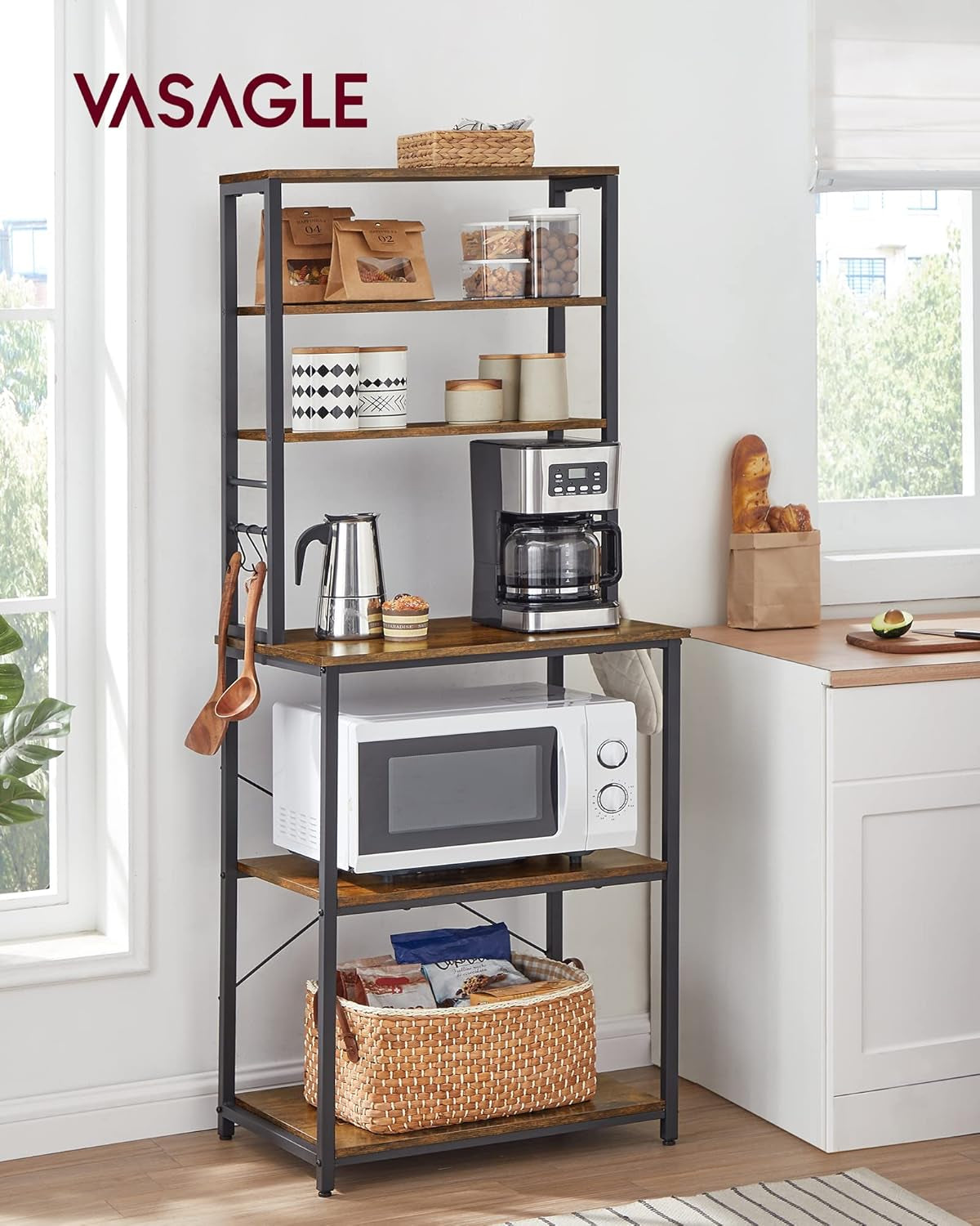 Coffee Bar, 31.5 Inches Baker'S Rack for Kitchen with Storage, 6-Tier Kitchen Shelves with 6 Hooks, Microwave Stand, Industrial, Charcoal Gray and Black UKKS019B22