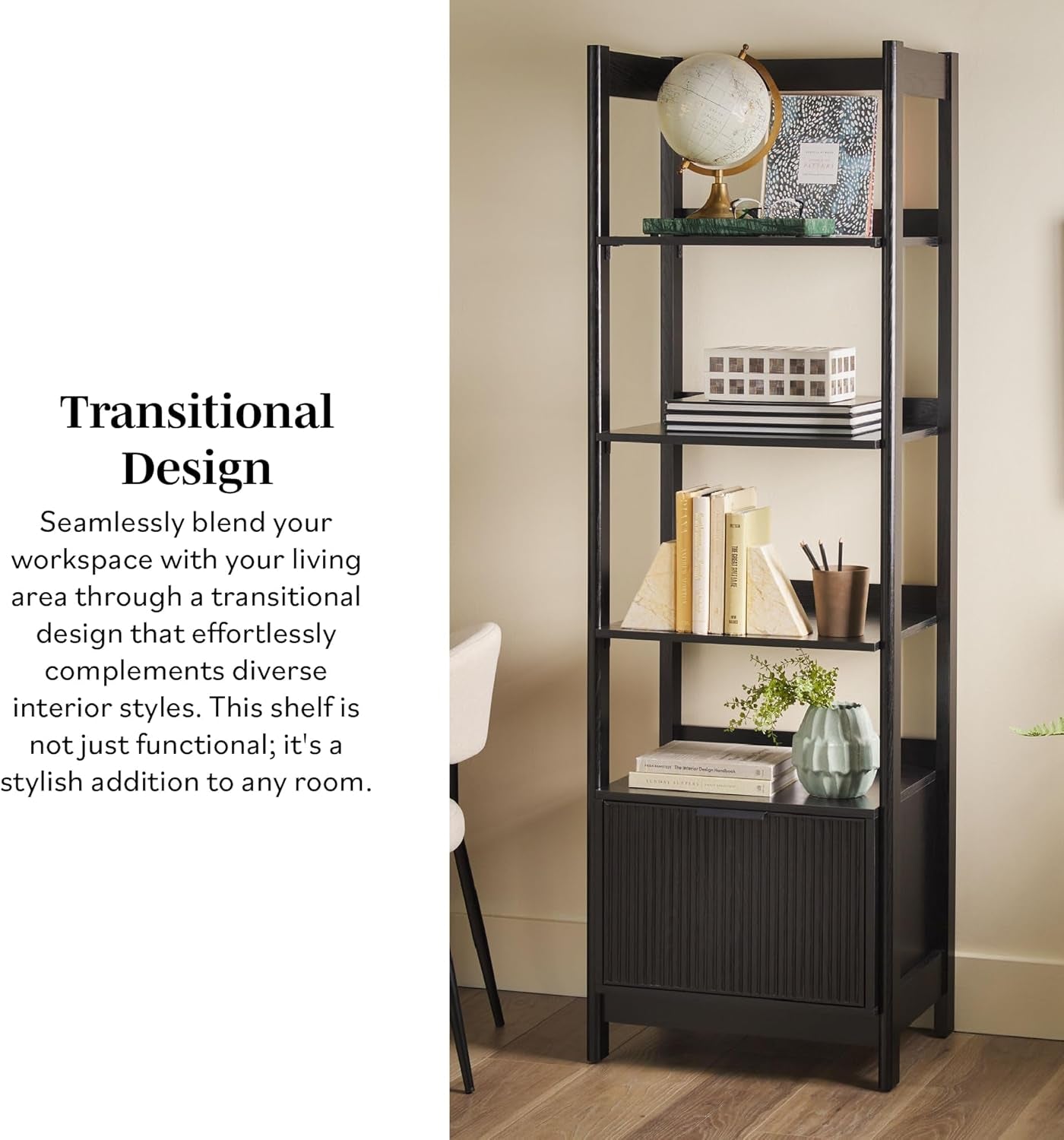 Transitional Reeded Narrow Open Bookshelf with Drawer Home Office Living Room, Bedroom, 4-Shelf Bookcase with Bottom Storage, 22 Inch, Black