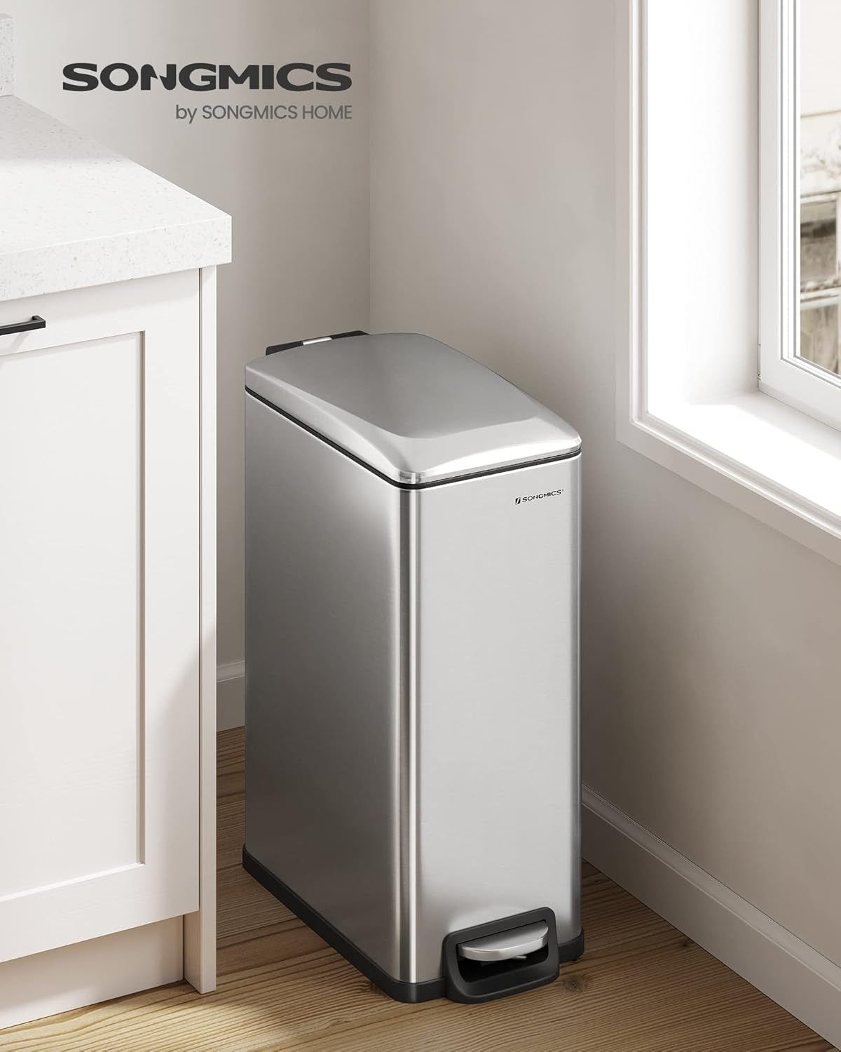 Slim Trash Can, 13-Gallon (50 L) Garbage Can for Narrow Spaces with Soft-Close Lid, Inner Bucket, and Step-On Pedal, Stainless Steel, 15 Trash Bags Included, Silver ULTB510E48