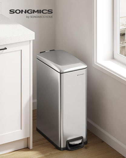 Slim Trash Can, 13-Gallon (50 L) Garbage Can for Narrow Spaces with Soft-Close Lid, Inner Bucket, and Step-On Pedal, Stainless Steel, 15 Trash Bags Included, Silver ULTB510E48