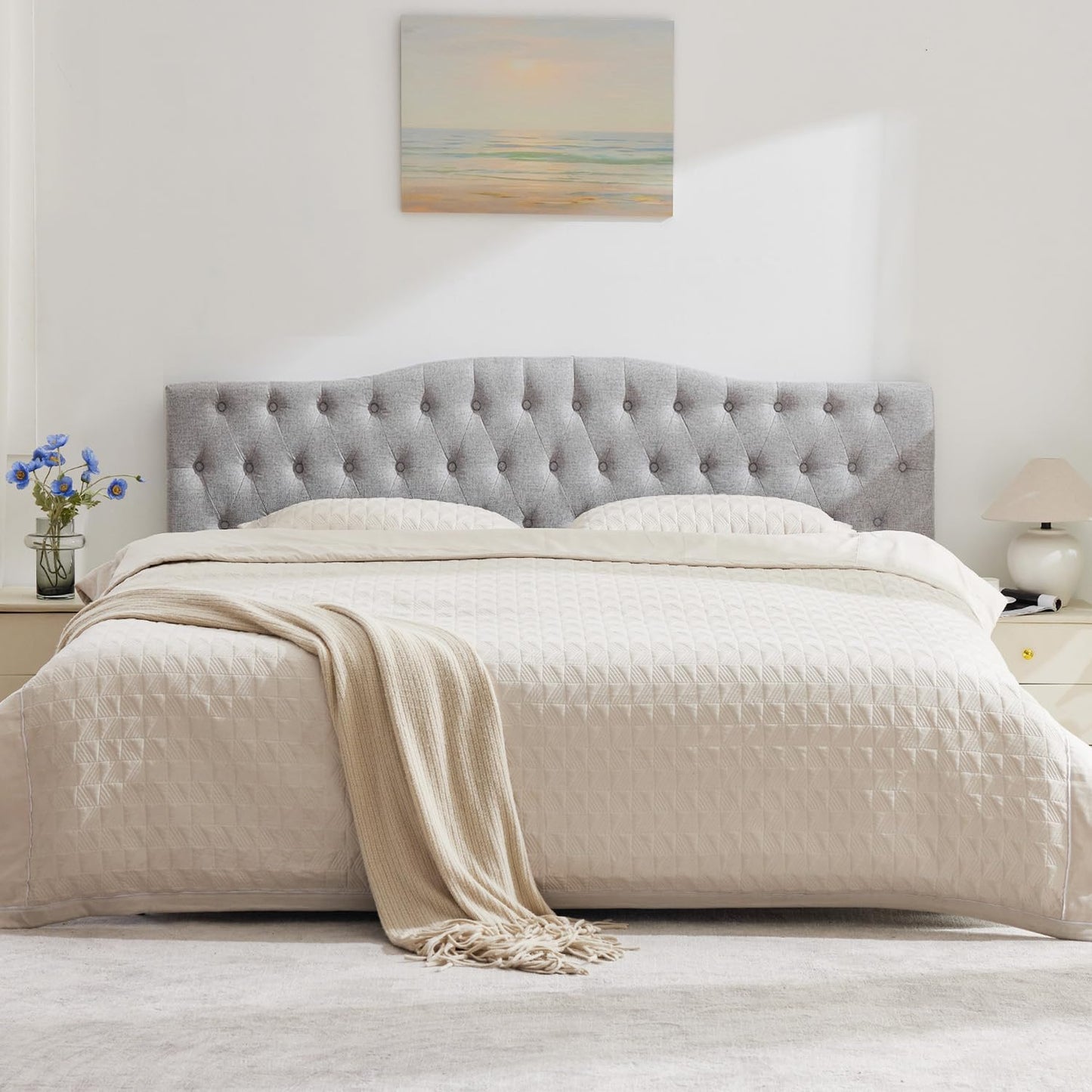 Upholstered Full Headboard, Button Diamond Tufted Headboards with Adjustable Height and Solid Wood Leg, Linen Fabric Padded Headboard for Full Size Bed, Mordern Head Board, Grey