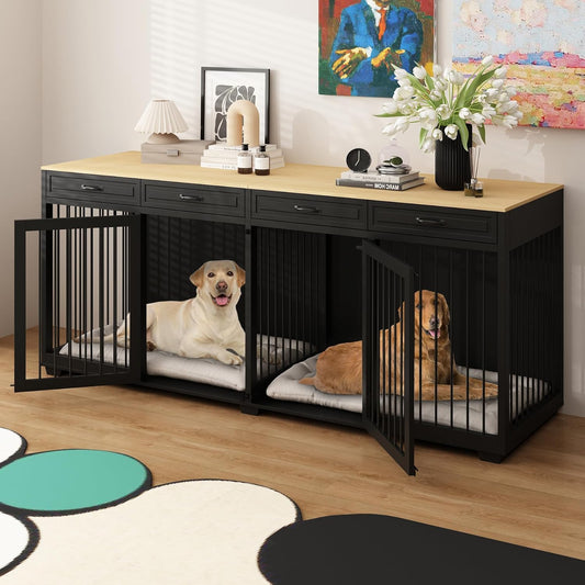 92.9" Large Double Dog Crate Furniture, XXXL Wooden Dog Crate Kennel Furniture with Divider and 4 Drawers, Dog Crates Furniture for 2 Small Medium Large Dogs Indoor, Black