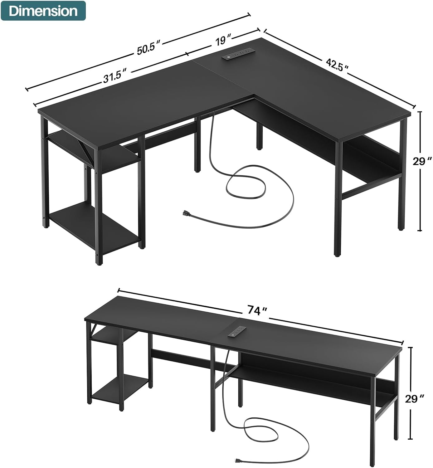 Reversible L Shaped Desk with Magic Power Outlets and USB Charging Ports, Sturdy Corner Computer Desk with Storage Shelves, Gaming Table Home Office Desk, Easy to Assemble, Black