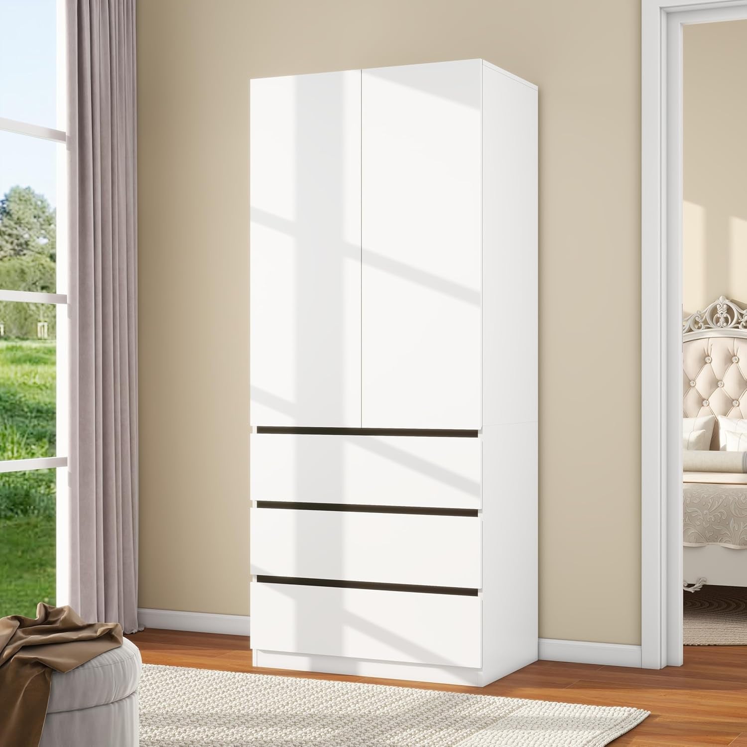 Wooden Wardrobe Closet with 2 Doors: 75" Bedroom Armoire Wardrobe Closet with 3 Drawers, White Cabinet with Hanging Shelves, Large Storage Cabinet (Modern, 1)
