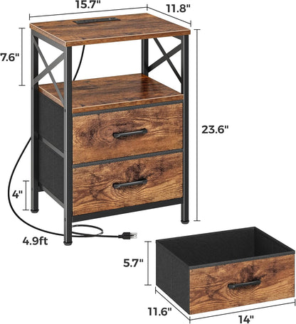 Nightstands Set of 2, Night Stand with Charger Station, 2 Drawer Side Table with Open Shelf, USB-C Port, End Table for Small Spaces, X Shaped Side Rail, Rustic Brown