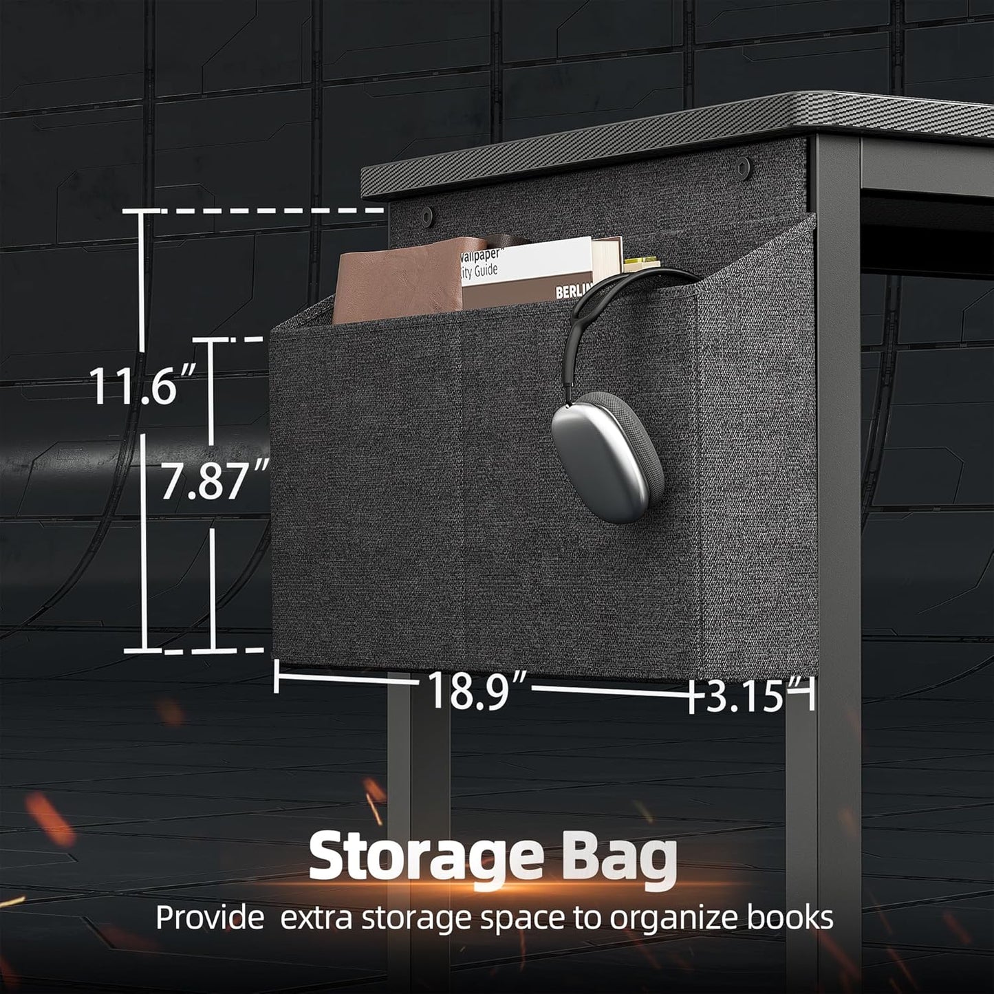 Gaming Desk 40 Inch with Power Outlet and LED Light, Computer Desk with Reversible Shelves and Storage Drawer, Small PC Desk for Home Office Table with Bag, Carbon Fiber Black